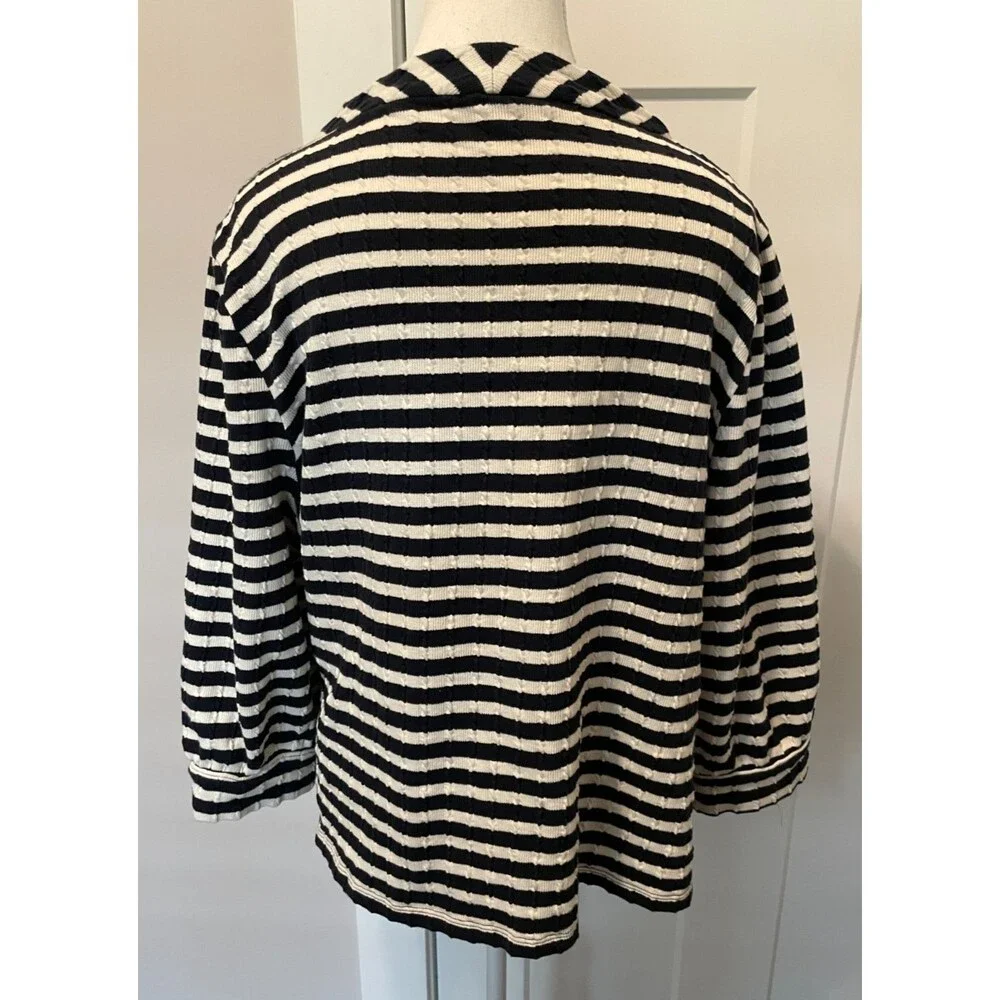 TALBOTS Womens Jacquard Knit TOP 3/4 Sleeve BLUE White STRIPE Funnel Neck Sz XL